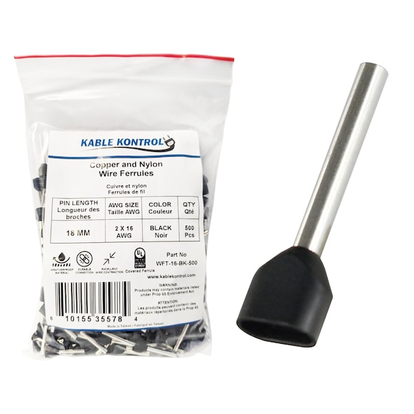 Kable Kontrol Twin Wire Ferrules, Nylon Insulated, 2 x 16 AWG, Pin Size 10 mm, Black, 500 Pcs, 500PK WFT-16-BK-500 - main