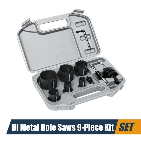 Powertec Bi Metal Hole Saws Kit, 9-Piece, Universal Arbor & Carrying Case, 3/4" to 2" Diameter Hole Cutter 14901 - main