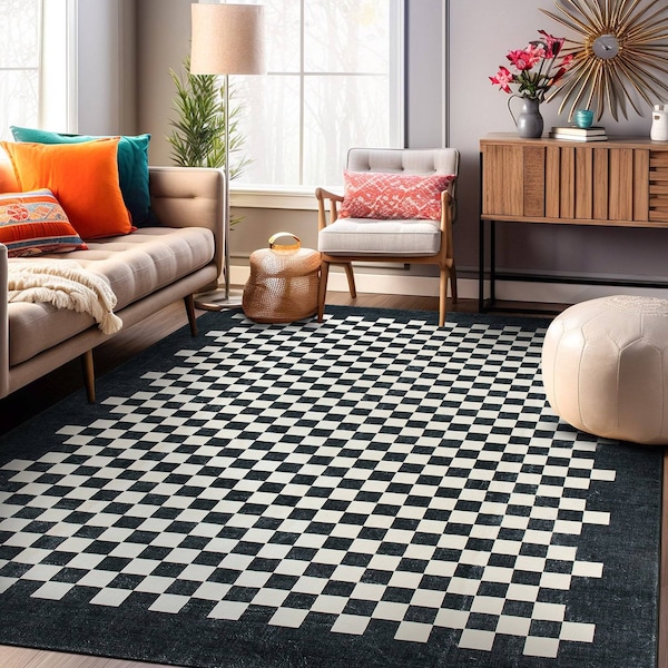 World Rug Gallery Contemporary Checkered Border Washable Non Slip Area Rug 5 ft x 7 ft Black WR81BLACK5X7 - main