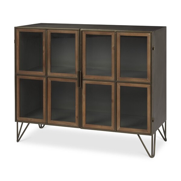 Homeroots 37in Antiqued Brass and Brown Metal and Solid Wood Accent Cabinet With Two Doors 611063 - main
