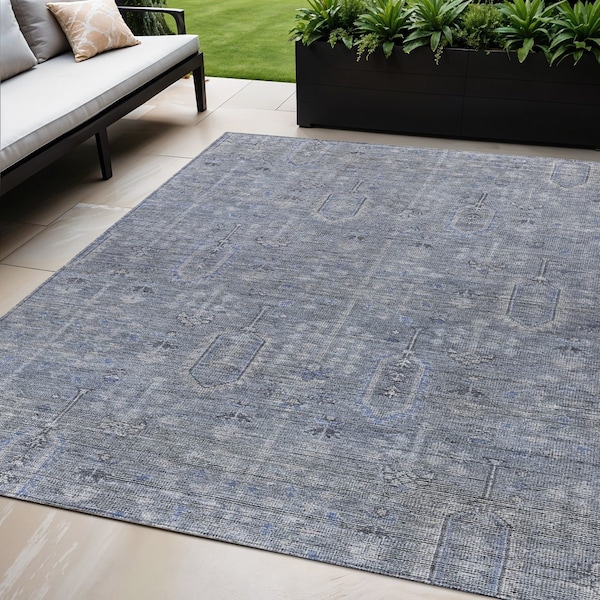 Homeroots 5' X 8' Navy Blue And Gray Southwestern Washable Indoor Outdoor Area Rug 587039 - main