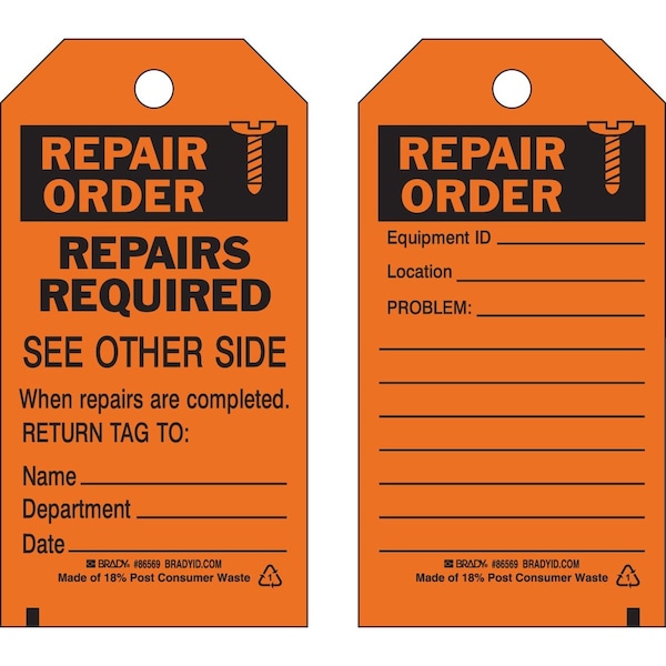 Brady Repair Tag REPAIR ORDER Paper 5.75 x 3 Black on Orange 100/PK, 100PK 86679 - main