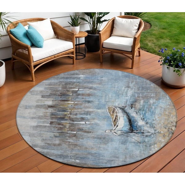 Homeroots 8' Blue And Beige Round Nautical Washable Indoor Outdoor Area Rug 630419 - main