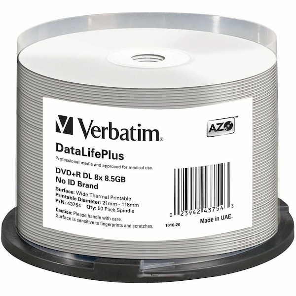 Verbatim DVD+R DL 8.5GB 8X DataLifePlus White Thermal Printable, Hub Printable - 50pk Spindle 43754 - main