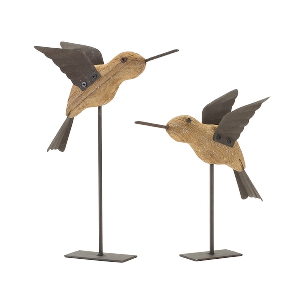 Homeroots Set of Two 8" Natural Wood And Metal Bird Figurine Tabletop Sculpture, 2PK 518084 - main