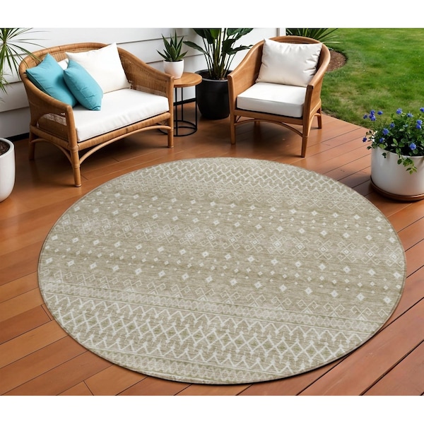 Homeroots 8' Taupe Green And Ivory Round Tribal Washable Indoor Outdoor Area Rug 582652 - main