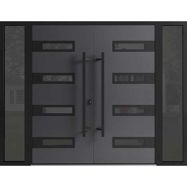 Vdomdoors Front Exterior Prehung Aluminum Double Doors Ronex0131 Grey Mirrored Clear Glass 2 Sidelights Entry RONEX0131DEXD-GRE-W14+72+14xH96-LH-I - main