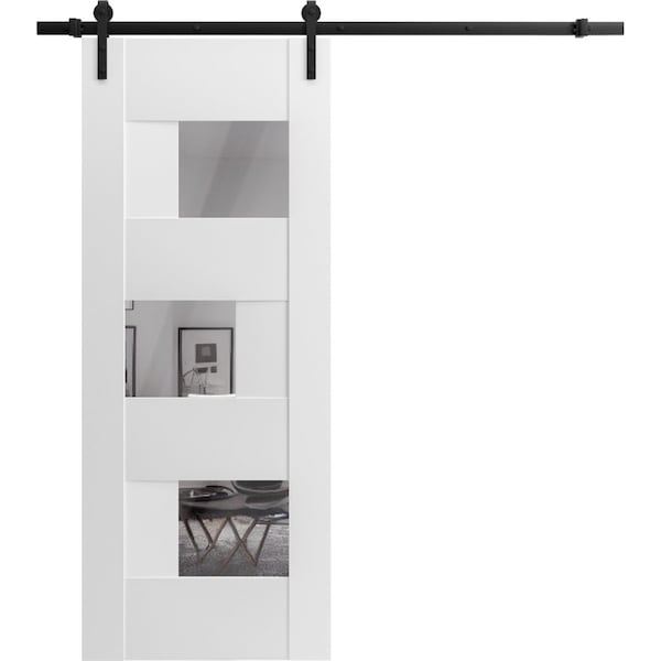 Vdomdoors Modern Barn Door Opaque Glass Sete 6999 White Silk with Mirror 6.6FT Rail Track Heavy Hardware Set SETE6999BD-B-WS-1884 - main