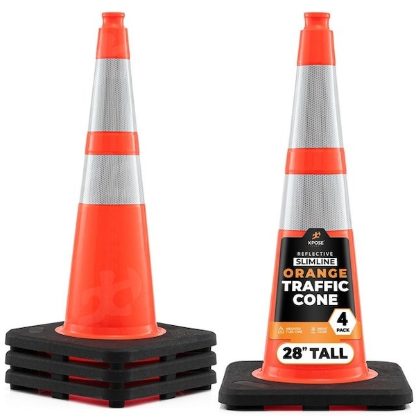 Xpose Safety Slim Line Traffic Safety Cone, 28 in, 6 in & 4 in Reflective Collar, DOT Approved, Orange, 4 pk OTC28SL-64-4-X-S - main