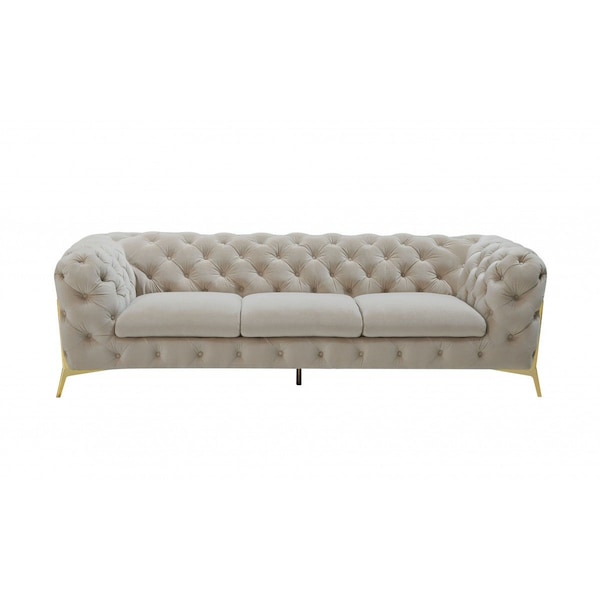 Homeroots 97" Beige Velvet Sofa With Gold Legs 480925 - main