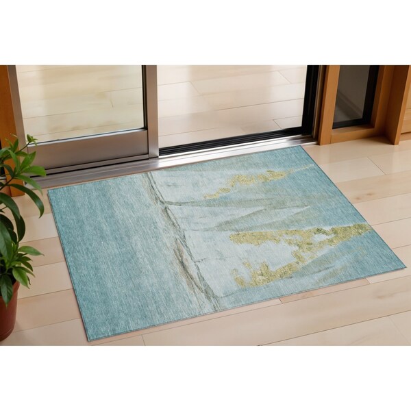 Homeroots 3' X 5' Teal Blue And Gold Nautical Washable Indoor Outdoor Area Rug 631041 - main