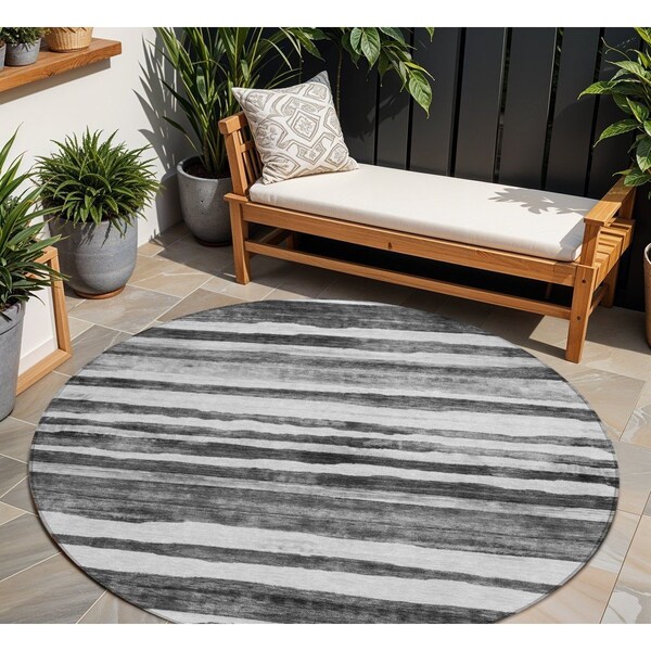 Homeroots 8' Charcoal And Gray Round Striped Washable Indoor Outdoor Area Rug 605893 - main