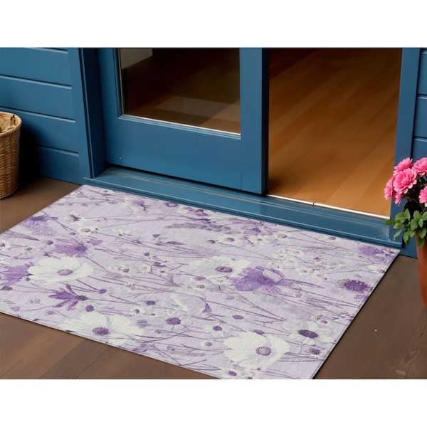 Homeroots 3' X 5' Lavender And Lilac Floral Washable Indoor Outdoor Area Rug 611150 - main