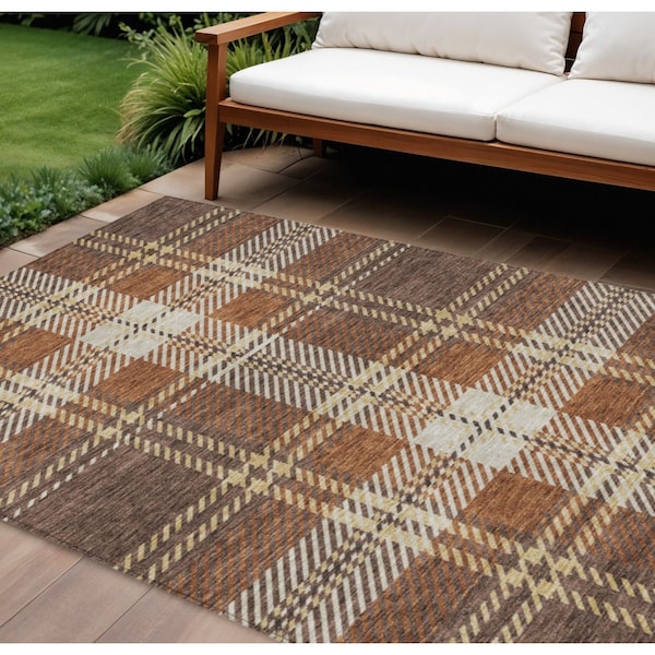 Homeroots 10' X 14' Chocolate Copper And Gold Plaid Washable Indoor Outdoor Area Rug 596326 - main