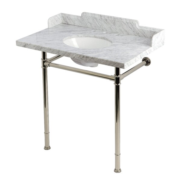 Kingston Brass 36-Inch Carrara Marble Console Sink with Stainless Steel Legs, 8-Inch, 3-Hole KMS36228M86 - main