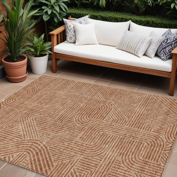 Homeroots 10' X 14' Terra Cotta And Brown Abstract Washable Indoor Outdoor Area Rug 594970 - main