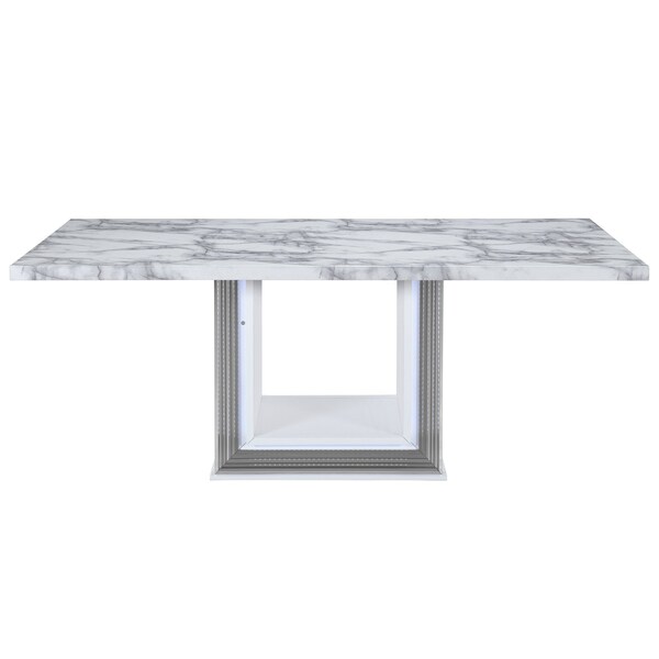 Homeroots 79" Light Gray and White Marble and Wood Pedestal Base Dining Table 564903 - main