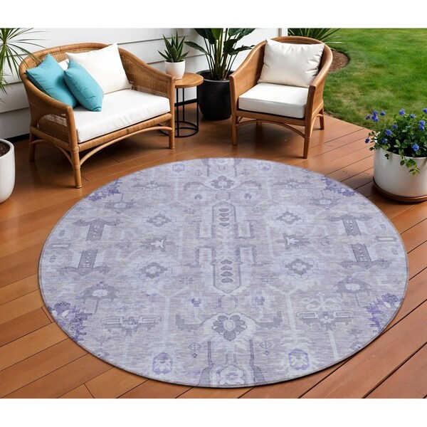 Homeroots 8' Lavender Purple And Gray Round Oriental Washable Indoor Outdoor Area Rug 582094 - main