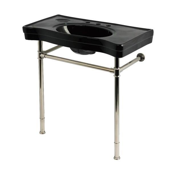 Kingston Brass 36" Ceramic Console Sink with Stainless Steel Legs, 8-Inch, 3-Hole, Black/Polished Nickel KVPB36198K86 - main