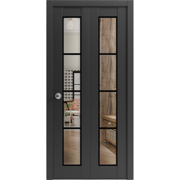 Sartodoors Sliding Closet Bi-fold Doors, Lucia 2466 Matte Black with Clear Glass and Aluminum Strips, Sturdy LUCIA2466BF-BLK-84 x 84 (2* 42x84) - main