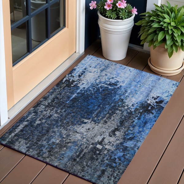 Homeroots 3' X 5' Navy Blue And Denim Blue Abstract Washable Indoor Outdoor Area Rug 577229 - main
