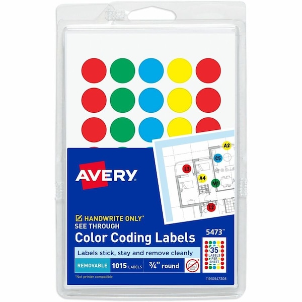 Avery See-Through Removable Color Dots, 3/4" dia, Assorted Colors, 1015/Pack 5473 - main