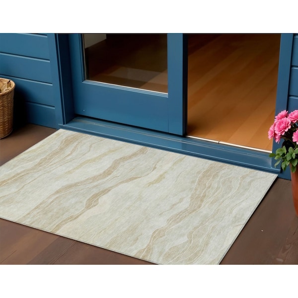 Homeroots 3' X 5' Beige Striped Washable Indoor Outdoor Area Rug 608100 - main