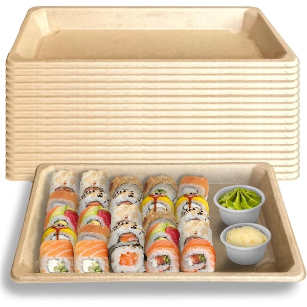 Ecoquality 1.0L Compostable Natural Sugarcane Bagasse No Lid Small Take Out Sushi Serving Tray, 25PK EQ1LSUSHINL-25 - main