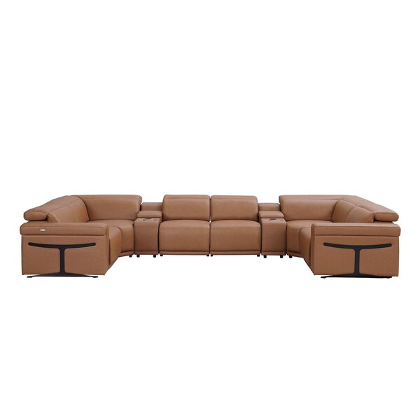 Homeroots Chestnut Italian Leather Power Reclining U Shaped Eight Piece Sectional With Console 634670 - main