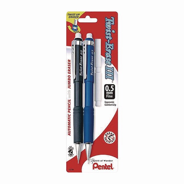 Pentel Twist-Erase III Mechanical Pencil, 0.5 mm, HB #2, Black Lead, Black/Blue Barrel, 2PK QE515BP2-K6 - main