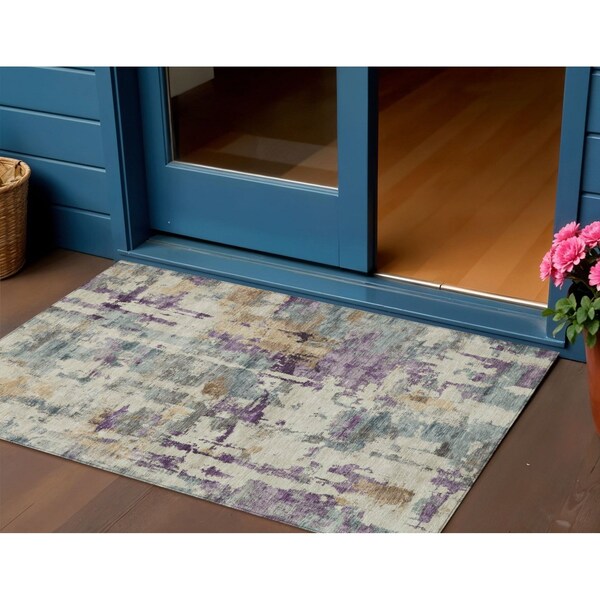 Homeroots 3' X 5' Linen Purple And Gold Abstract Washable Indoor Outdoor Area Rug 630867 - main
