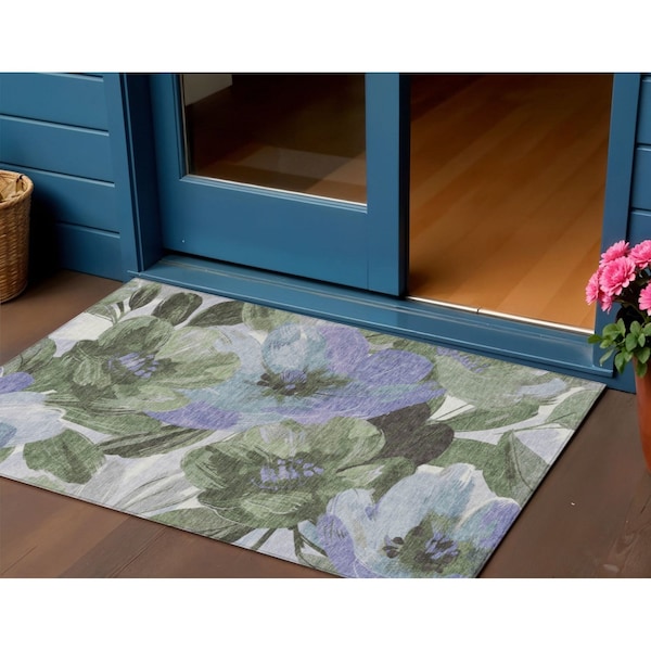 Homeroots 3' X 5' Olive Green And Fern Green Floral Washable Indoor Outdoor Area Rug 611078 - main