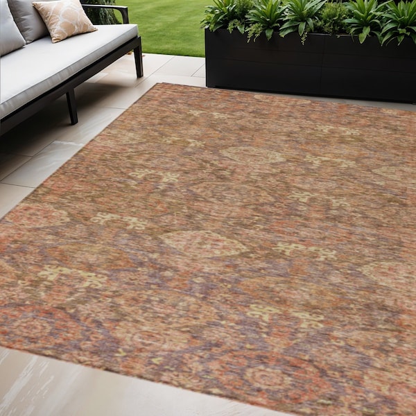 Homeroots 8' X 10' Brown And Tan Damask Washable Indoor Outdoor Area Rug 603374 - main