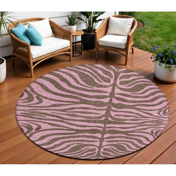 Homeroots 8' Brown And Pink Round Animal Print Washable Indoor Outdoor Area Rug 600668 - main