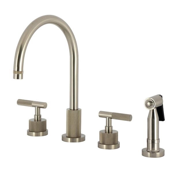 Kingston Brass Double-Handle Widespread Kitchen Faucet with Knurled Handle and Brass Sprayer, Brushed Nickel KS8728KNLBS - main