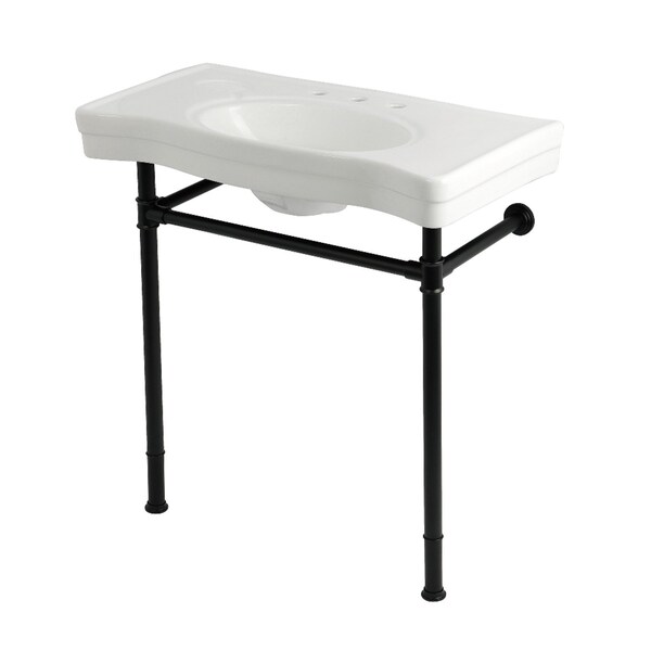Kingston Brass 36" Ceramic Console Sink with Stainless Steel Legs, 8-Inch, 3-Hole, White/Matte Black KVPB36198W80 - main