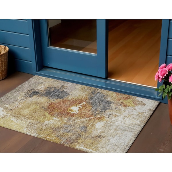 Homeroots 3' X 5' Taupe Black And Copper Abstract Washable Indoor Outdoor Area Rug 606025 - main