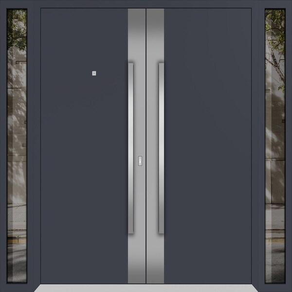 Vdomdoors Metal Double Doors Deux 0729 Gray Graphite Stainless Steel insert 2 Sidelights Entry Modern Painted DEUX0729DEXD-GRE-W12+72+12xH80-LH-O - main