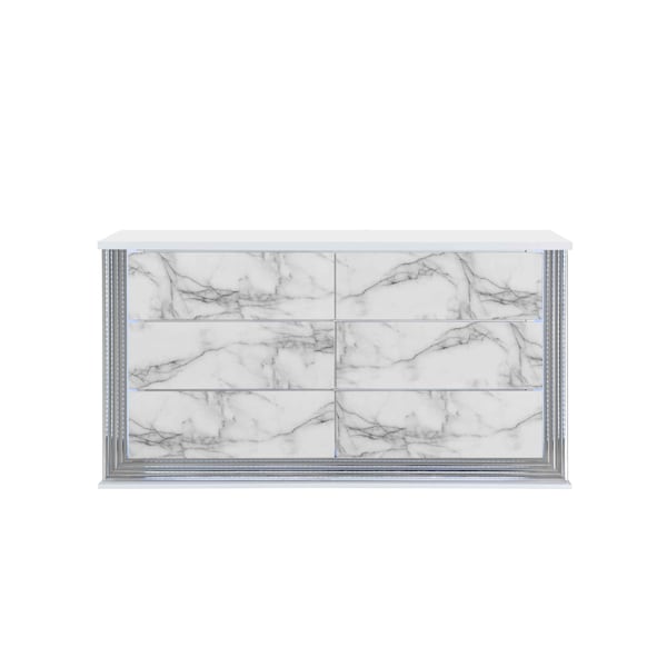 Homeroots 61" White Faux Marble And Wood Lighted Six Drawer Double Dresser 564684 - main