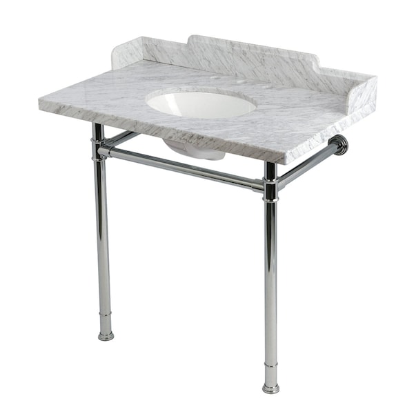 Kingston Brass 36-Inch Carrara Marble Console Sink with Stainless Steel Legs, 8-Inch, 3-Hole KMS36228M381 - main