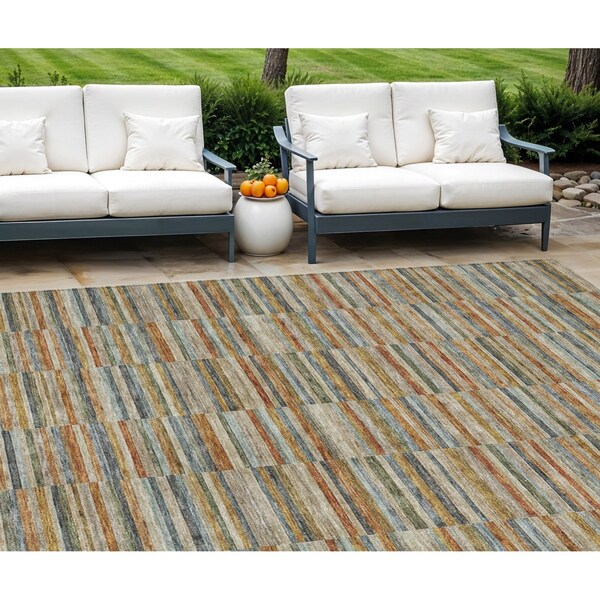 Homeroots 10' X 14' Orange Copper And Gray Striped Washable Indoor Outdoor Area Rug 587925 - main