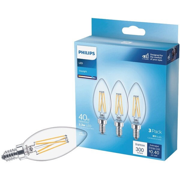 Signify 40W Equivalent Daylight B11 Candelabra Clear LED Decorative Light Bulb, 3PK 567388 - main