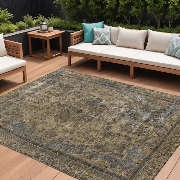 Homeroots 8' X 10' Brown And Denim Blue Medallion Washable Indoor Outdoor Area Rug 616049 - main