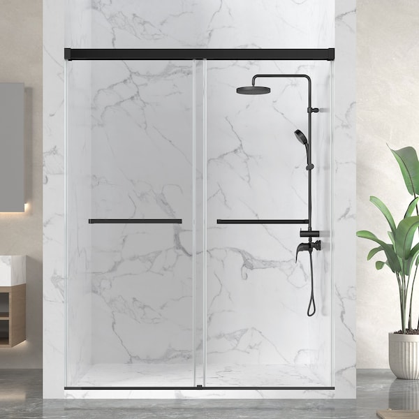 Anzzi 76 in. x 56-60 in. Frameless Sliding Shower Door in Matte Black , 3/8in 10mm Tempered Clear Glass SD-AZ21-02MB - main