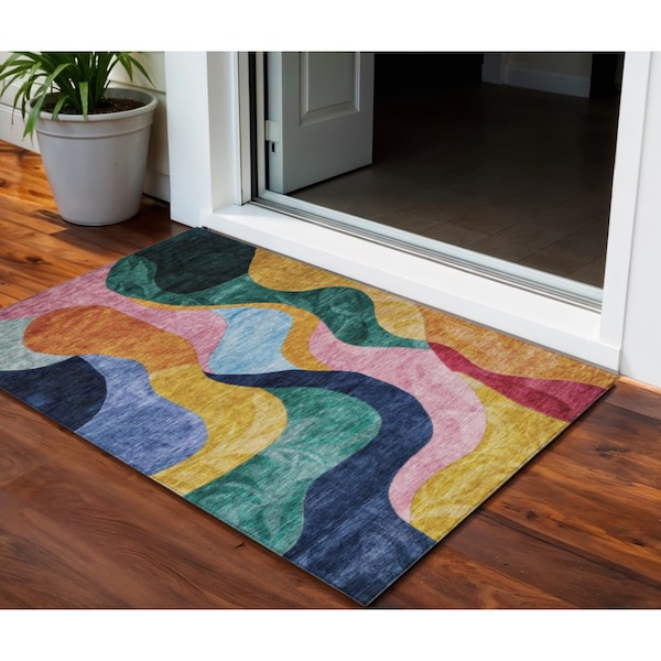 Homeroots 3' X 5' Green Orange And Pink Abstract Washable Indoor Outdoor Area Rug 604450 - main