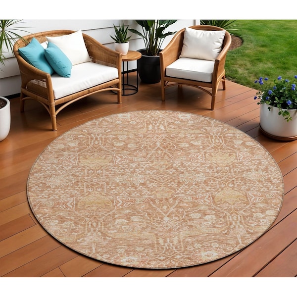 Homeroots 8' Coral And Ivory Round Floral Washable Indoor Outdoor Area Rug 604667 - main