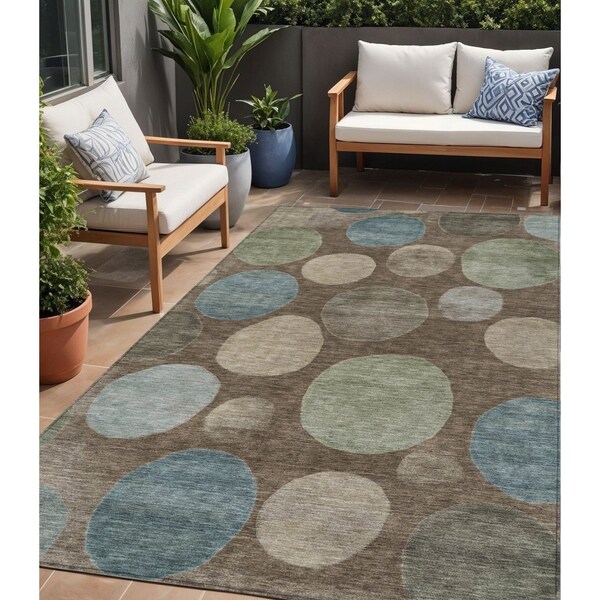 Homeroots 5' X 8' Chocolate Fern Green And Teal Blue Geometric Washable Indoor Outdoor Area Rug 630568 - main