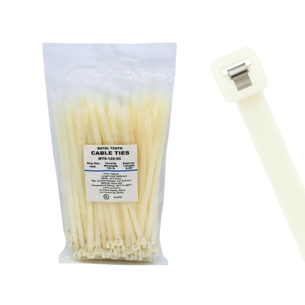 Cable Ties Unlimited Metal Tooth Cable Tie, 8 in L, 120 lb Strength, 2.2 in Max Bundle Dia, Nylon, Natural, 100PK MT8-120-9C - main