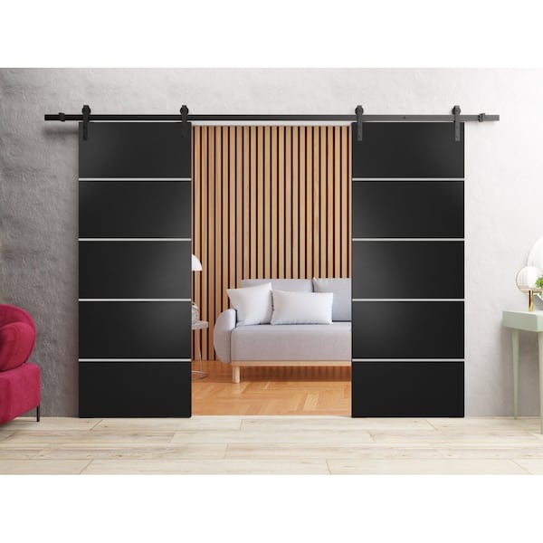 Sartodoors Sturdy Double Barn Door with Hardware, Planum 0210 Black Matte and Aluminum Strips, 13FT Rail Hange PLANUM0210DB-BLK-6496 - main