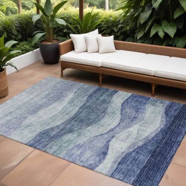 Homeroots 10' X 14' Light Blue And Dark Blue Abstract Washable Indoor Outdoor Area Rug 604970 - main